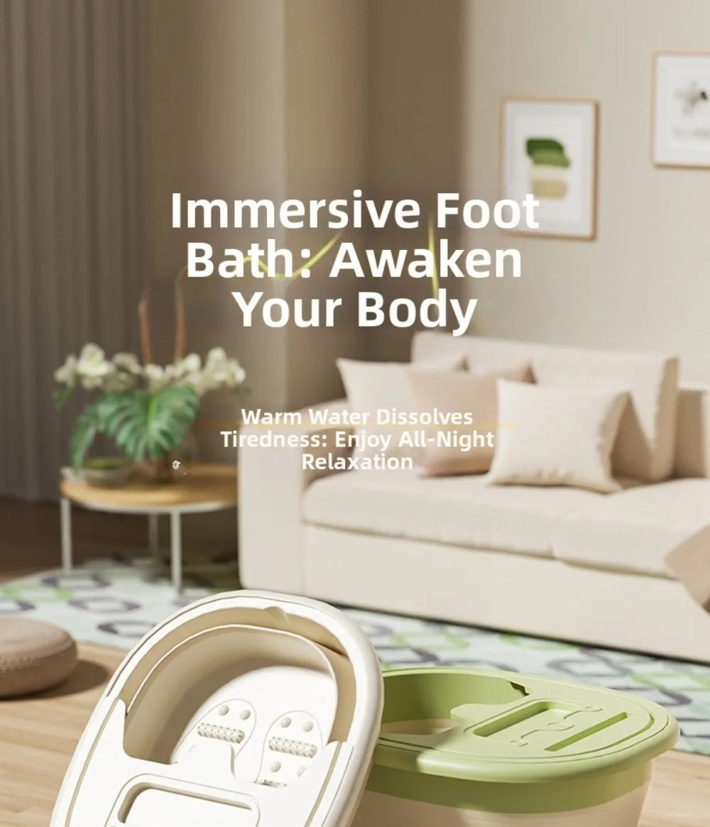 A white portable foldable foot bath tub is shown in the foreground on a wooden surface.