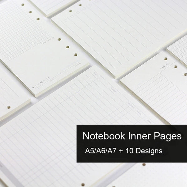 A close-up view of white notebook inner pages showing various ruled and grid designs for A5/A6/A7 notebooks.