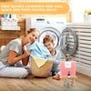 A woman and a child are using woven laundry containers to save space in front of a washing machine.