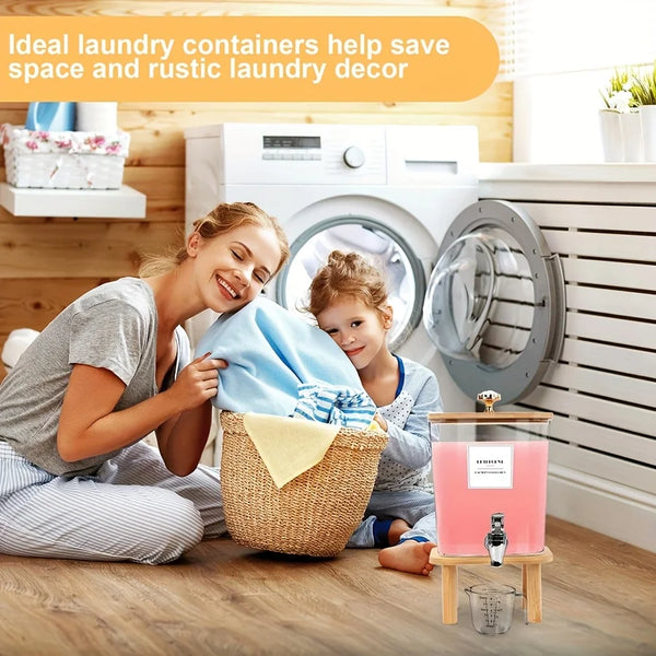 A woman and a child are using woven laundry containers to save space in front of a washing machine.