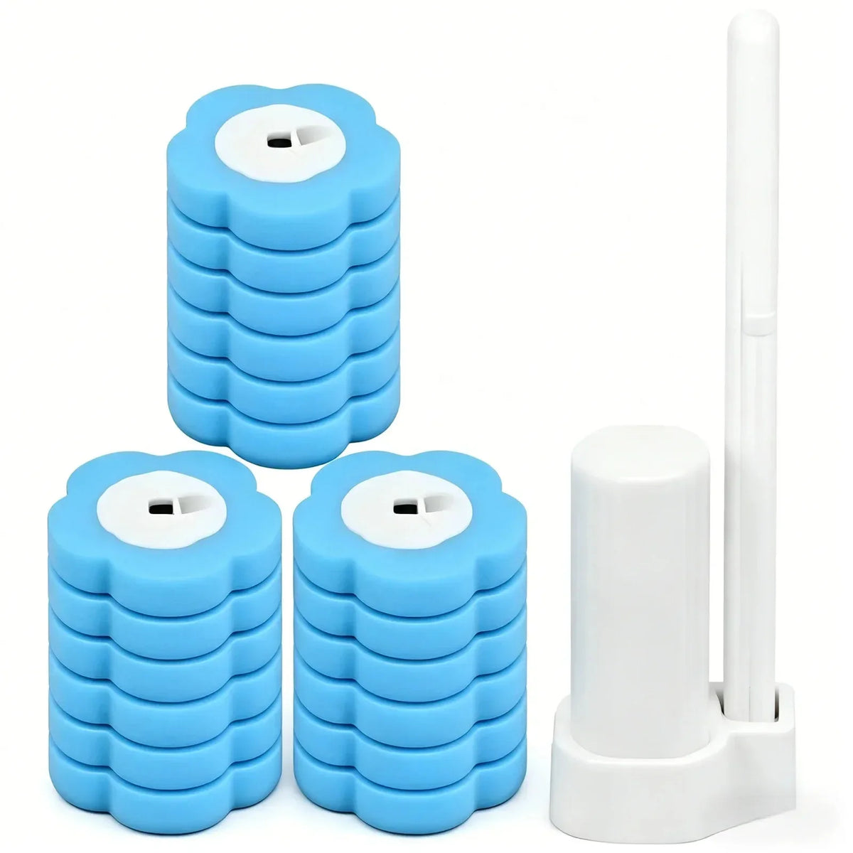 A blue disappearing toilet brush set with a long white handle and a base.