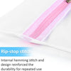 Close-up of a white mesh laundry bag with pink piping and a visible rip-stop stitch detail.