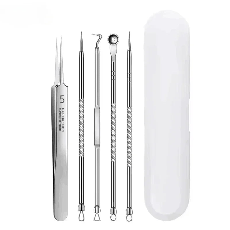 Stainless steel acne and blackhead remover kit with a cylindrical case and several tools