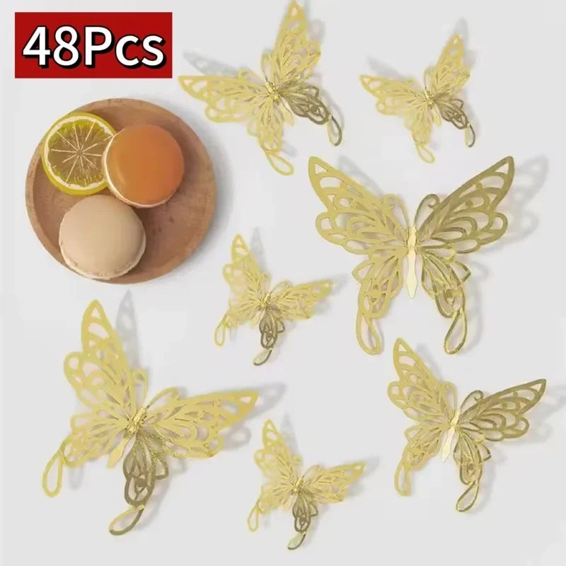 48 pieces of gold glitter butterfly wall stickers displayed next to a slice of lemon and an egg.