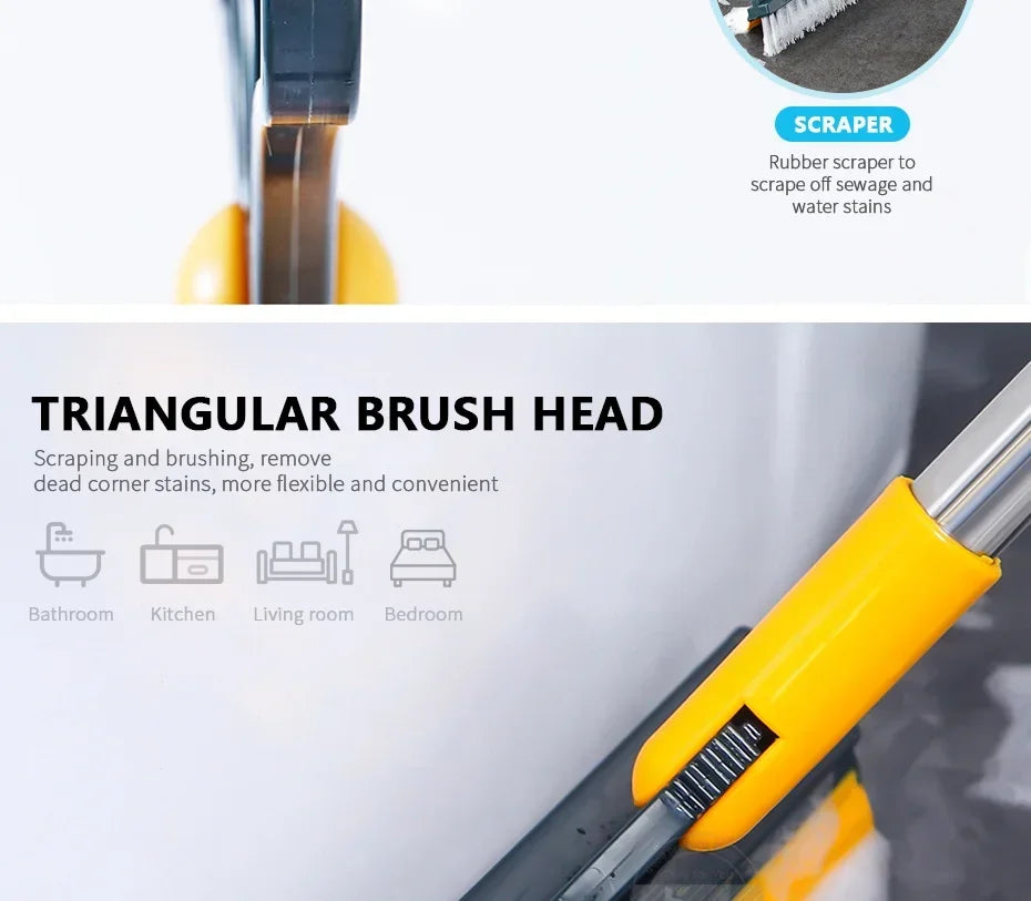 Close-up of a yellow cleaning tool with a triangular brush head used for scraping and brushing stains on a surface.