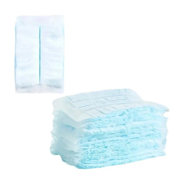 A stack of light blue replacement duster refills for Swiffer.
