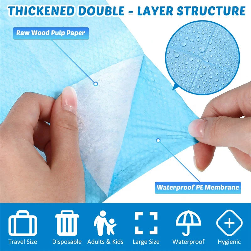 A hand demonstrates the layered structure of a waterproof PE membrane disposable toilet seat cover.