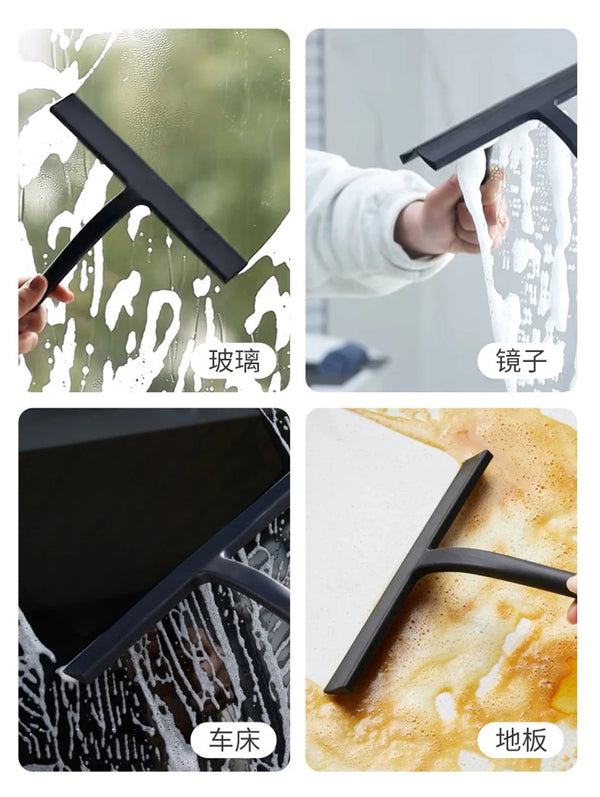 A silicone squeegee tool is shown cleaning glass, mirror, and a blackboard surface.