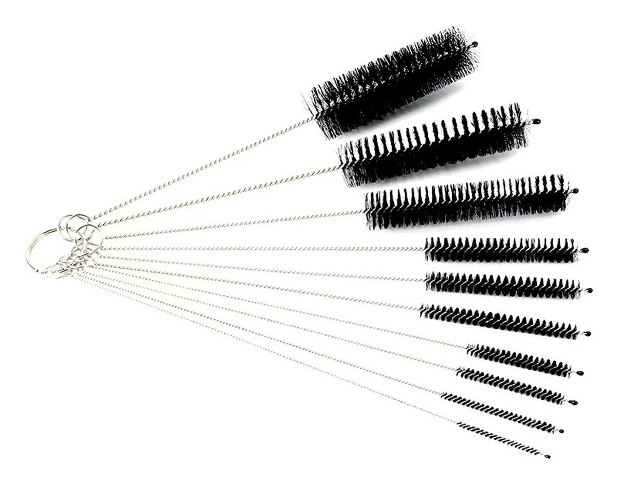 A set of ten nylon bottle and straw cleaning brushes with long, thin bristles.