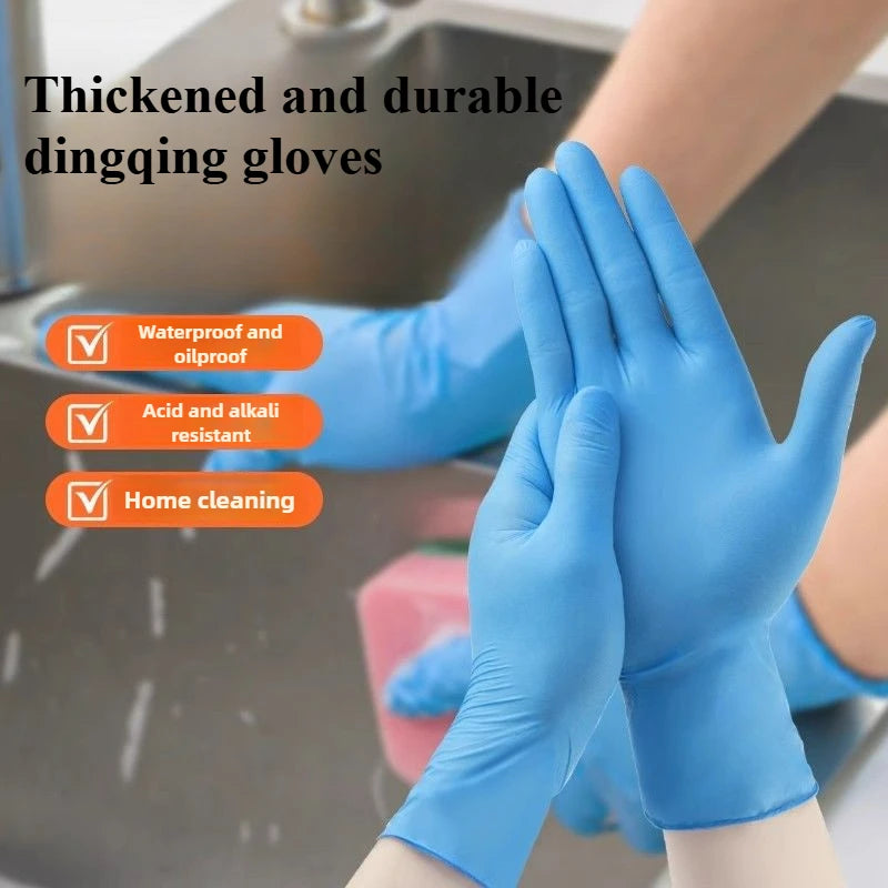 A hand wearing blue disposable gloves is shown cleaning a kitchen sink, highlighting the thick and durable dingqing gloves.
