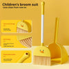 Yellow children's broom suit with a handle and dustpan for cleaning