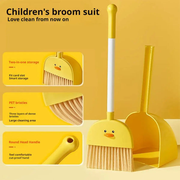 Yellow children's broom suit with a handle and dustpan for cleaning