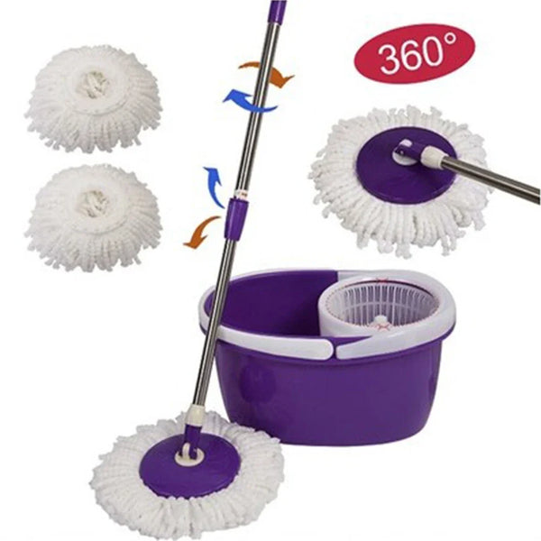 A purple replacement microfiber spinning mop head with a white fiber and a silver handle, shown in various angles.