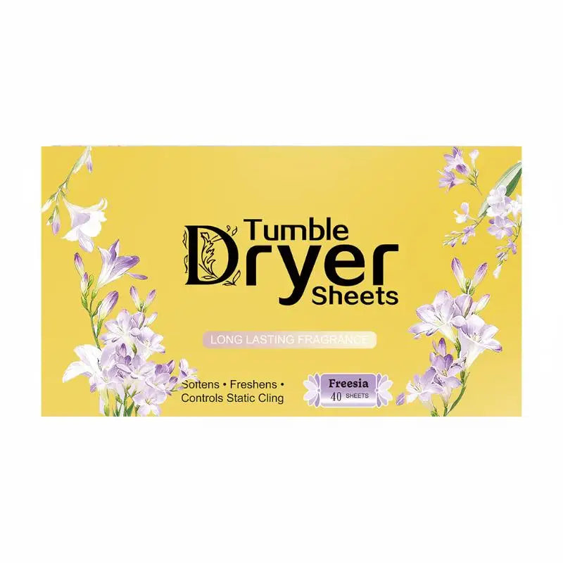 Yellow packaging for Tumble Dryer Sheets featuring purple freesia flowers.
