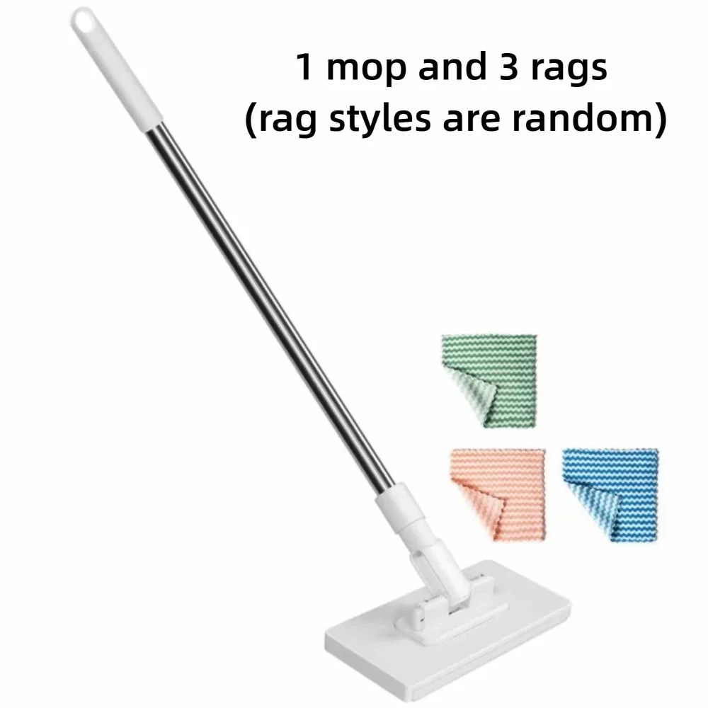 A white hands-free mop with a long handle and a base, accompanied by three colorful microfiber rags.