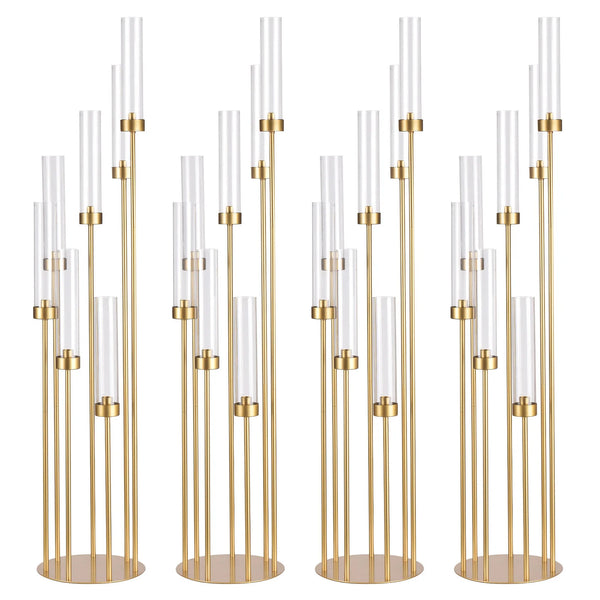 A set of seven gold-toned, slender glass candle holders arranged in a vertical, multi-arm candelabra display.