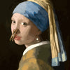 A portrait of a woman wearing a blue headscarf and yellow garment.