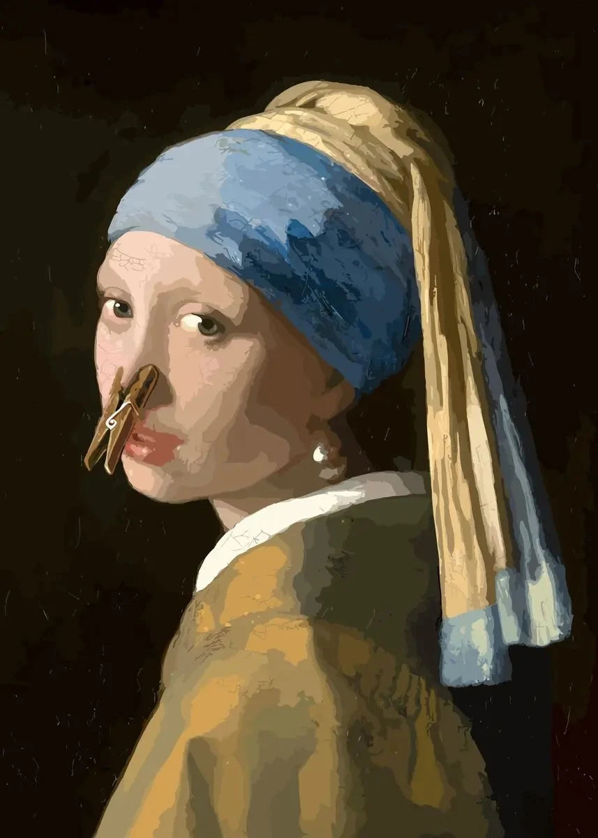 A portrait of a woman wearing a blue headscarf and yellow garment.