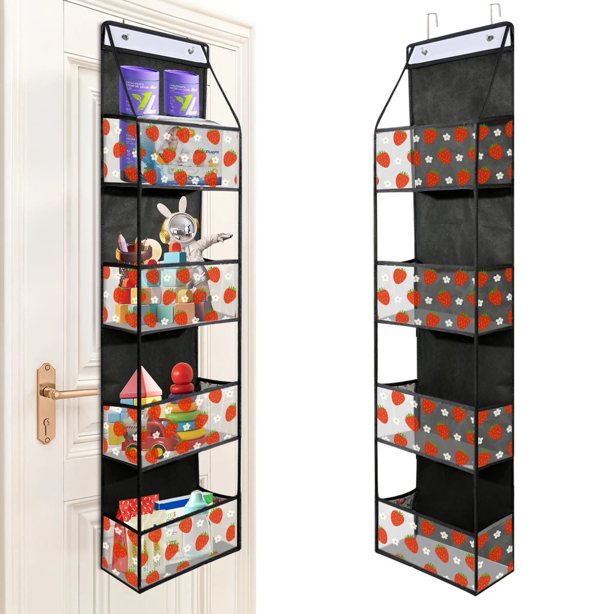 A black over-the-door fabric storage organizer with multiple pockets featuring colorful fabric storage bins.