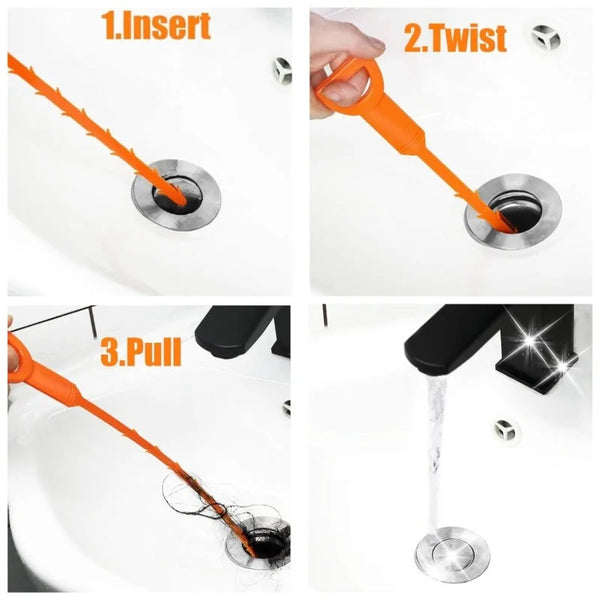 Step-by-step instructions showing how to insert, twist, and pull a multi-purpose drain and blockage removal tool.