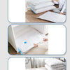 Multiple scenarios showing vacuum storage bags with a hand pump used for compressing and storing clothes and blankets.