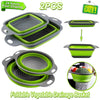 Un set de deux paniers de drainage en silicone pliables pour légumes, vert lime et gris.