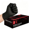 A hand wearing a black nitrile disposable glove is shown holding a box of nitrile gloves for kitchen cleaning.