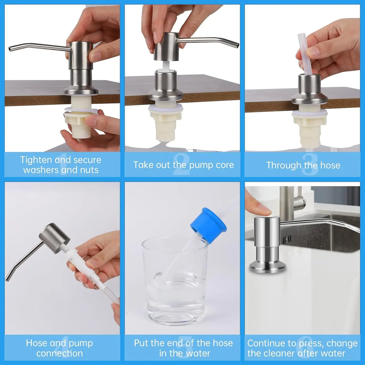 Instructions for tightening washers and nuts, removing the pump core, connecting the hose and pump, and pressing the cleaner 