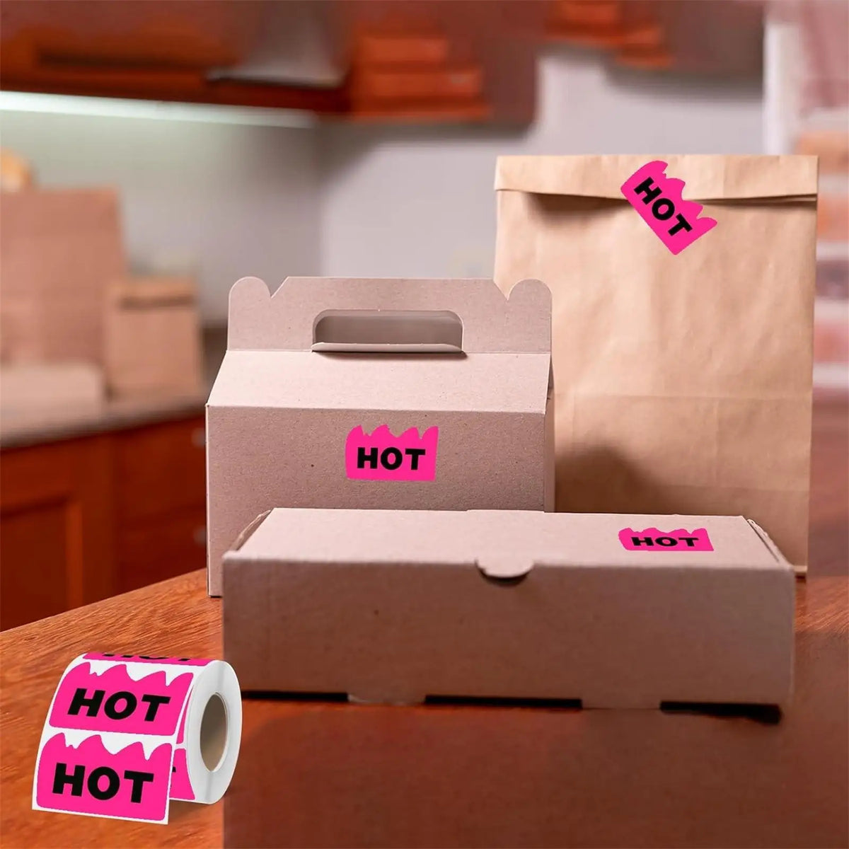 Several brown cardboard boxes and paper bags are visible, marked with fluorescent pink HOT stickers.