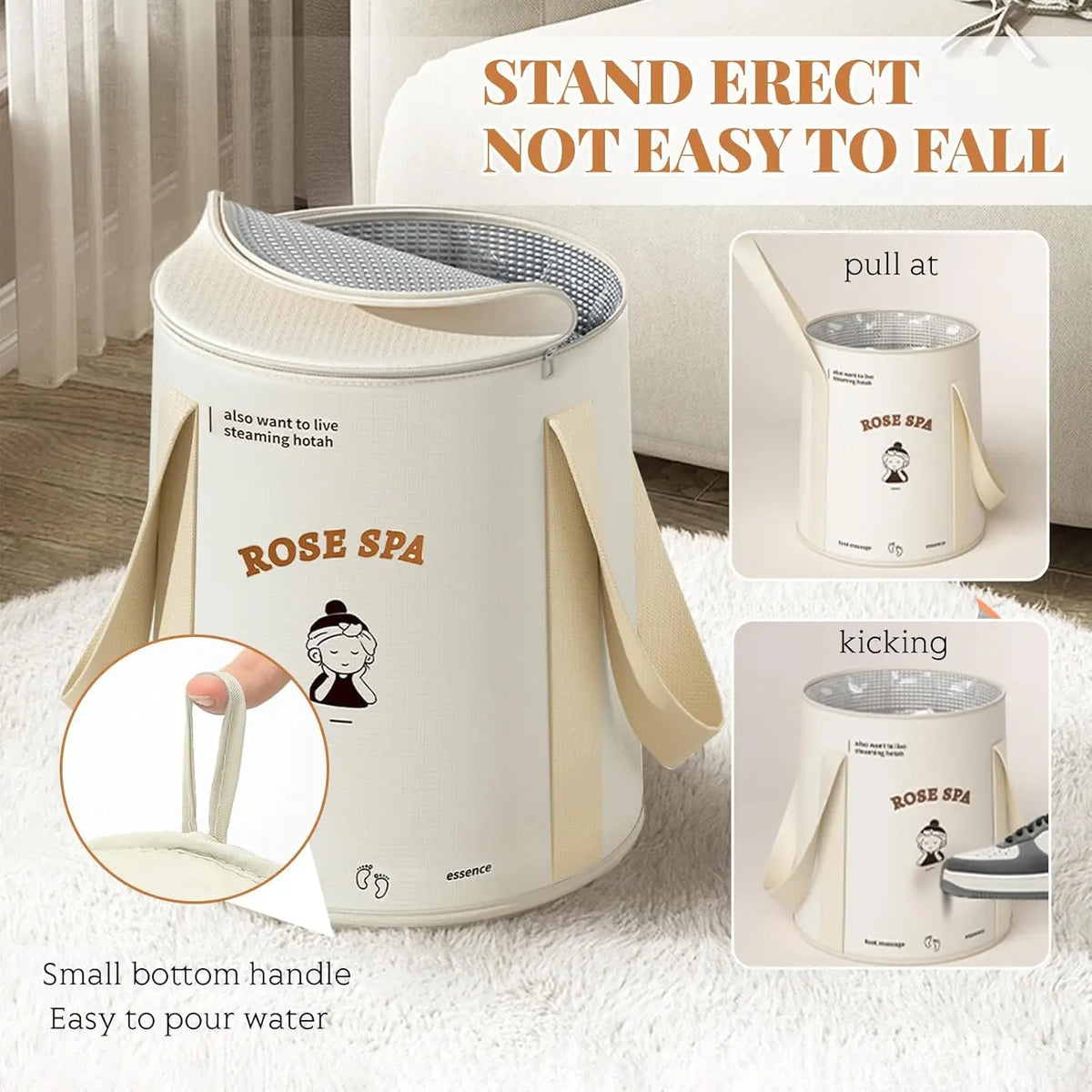 A white Rose Spa foot bath bucket with a small bottom handle shown next to a shoe.