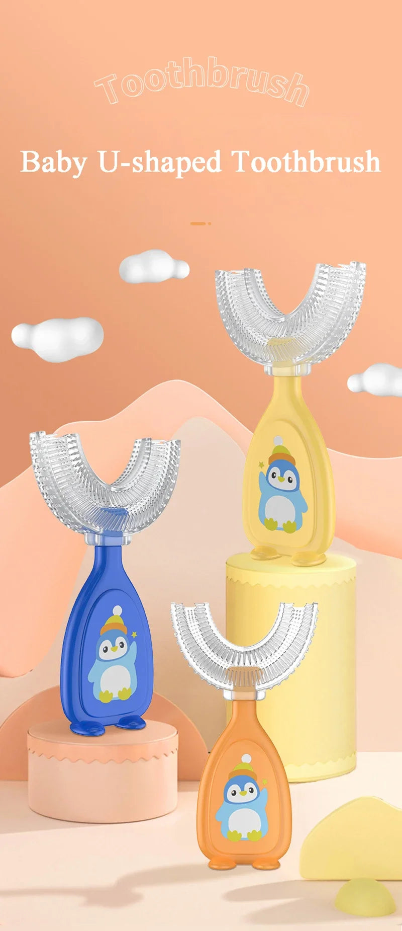 A yellow baby U-shaped silicone toothbrush with a blue penguin design and a blue toothbrush, displayed on a pink stand.
