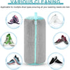 A gray shoe laundry bag with a zipper, showing various types of shoes inside.