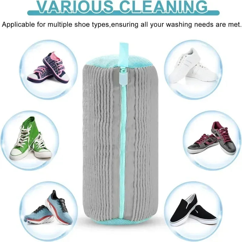 A gray shoe laundry bag with a zipper, showing various types of shoes inside.