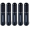 A set of five black, cylindrical portable refillable perfume spray bottles arranged in a row.