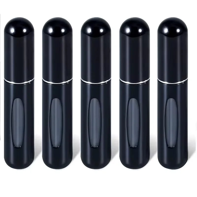 A set of five black, cylindrical portable refillable perfume spray bottles arranged in a row.