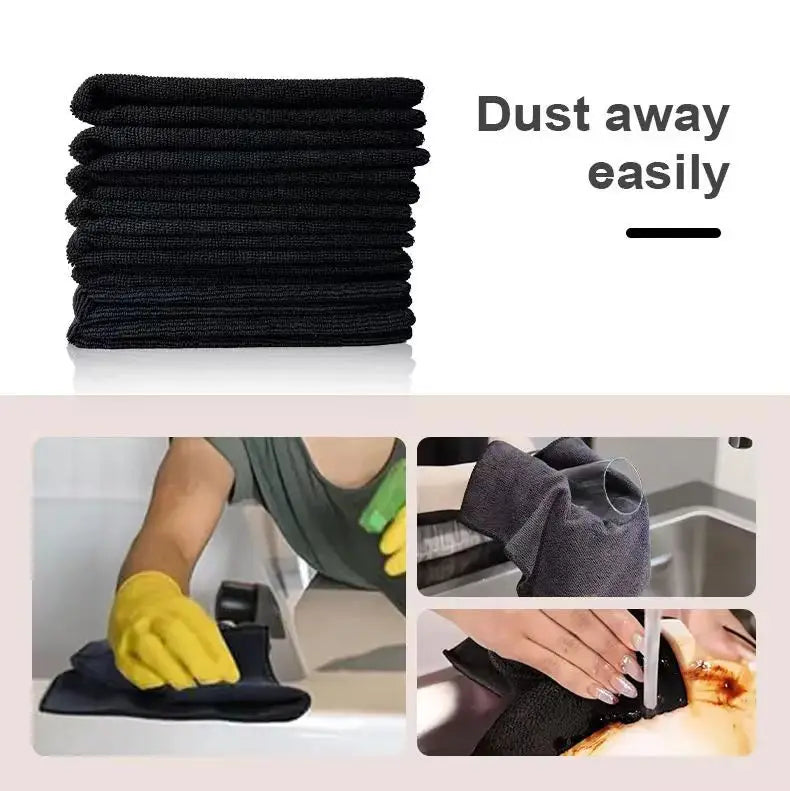 A stack of black reusable microfiber cleaning cloths is shown next to a hand cleaning a surface.