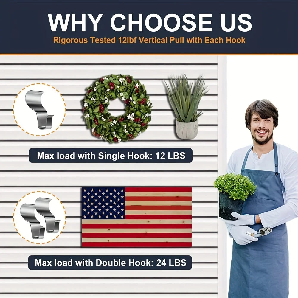 A product image showing heavy duty vinyl siding hooks with various load capacities and a US flag background.