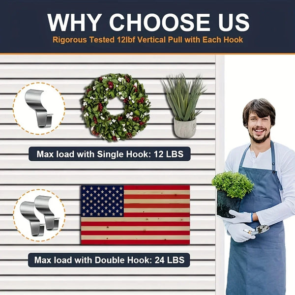 A product image showing heavy duty vinyl siding hooks with various load capacities and a US flag background.