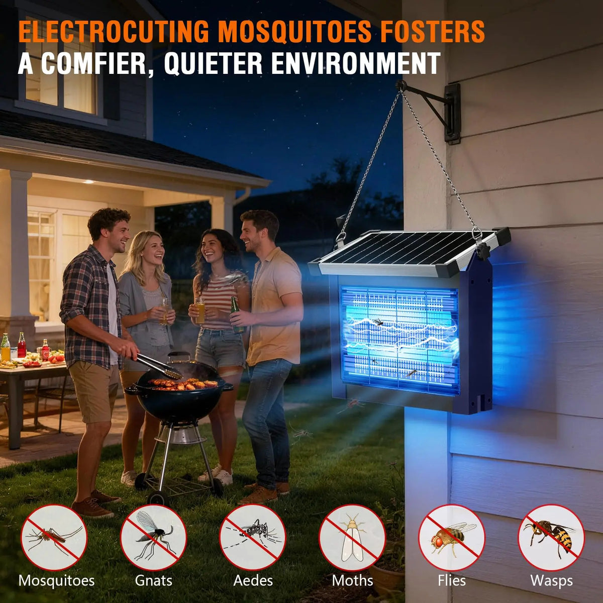 Ein Sonnen-Bug-Zapper-Gerät ist an der Hausverkleidung montiert, um Mücken, Stechmücken und andere Schädlinge zu elektroshock