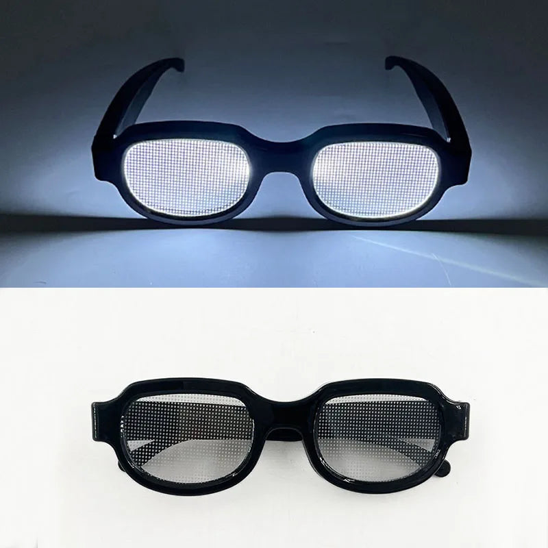 A pair of black LED light up anime glasses viewed from the front against a dark background.