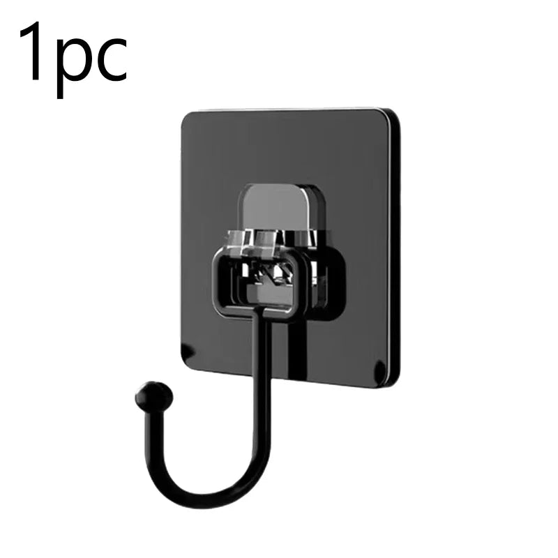 A black heavy-duty self-adhesive wall hook with a curved metal loop.
