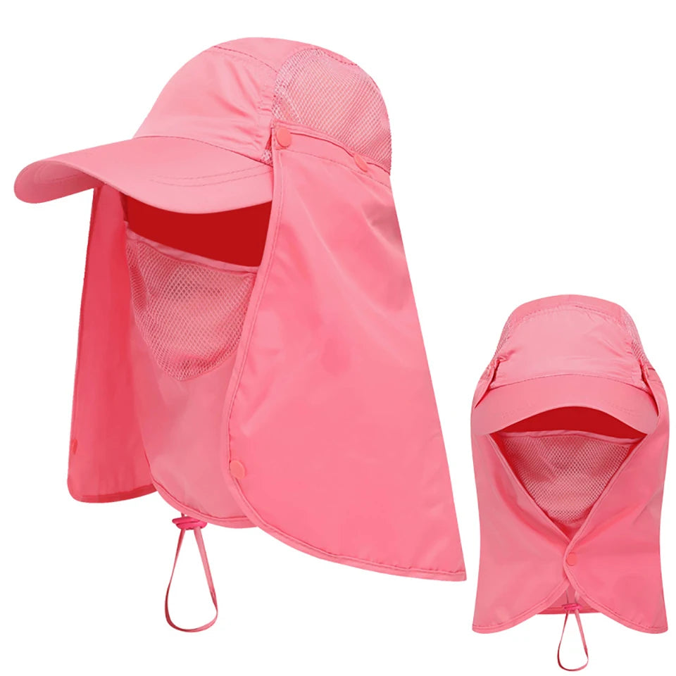 Pink UV protection fishing sun hat for men and women shown in a folded and unfolded state