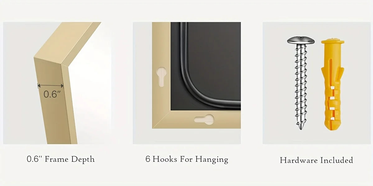 A full length arch mirror with an aluminum frame showing its depth, hanging hooks, and included hardware.