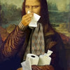 A painting depicting a somber figure with long dark hair wiping their nose with a white tissue.