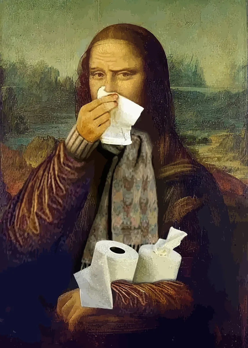 A painting depicting a somber figure with long dark hair wiping their nose with a white tissue.