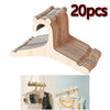 20 pieces of wooden clothing hangers for kids and apparel stacked in a wooden display rack.