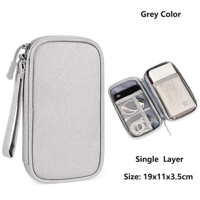Grey single layer waterproof cable organizer travel case with a zipper and strap