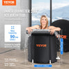 A black portable ice bath tub with a 29.1 inch inner diameter is shown being used for full body soaking.