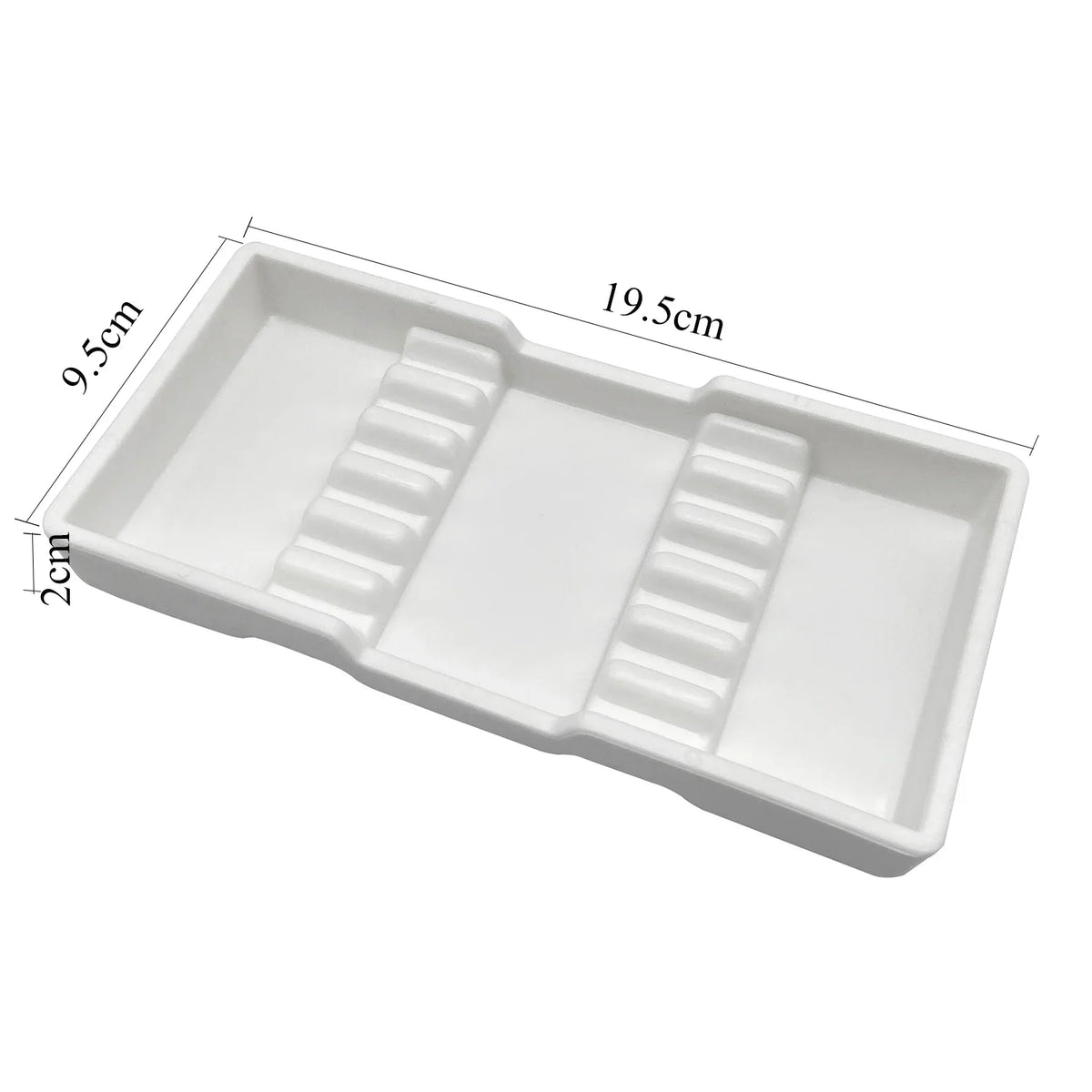 White dental autoclavable cabinet tray organizer with divided compartments and dimensions 9.5cm by 19.5cm