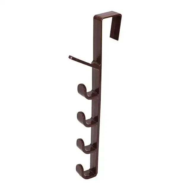 A dark brown door hook rack with multiple hooks for closet storage.